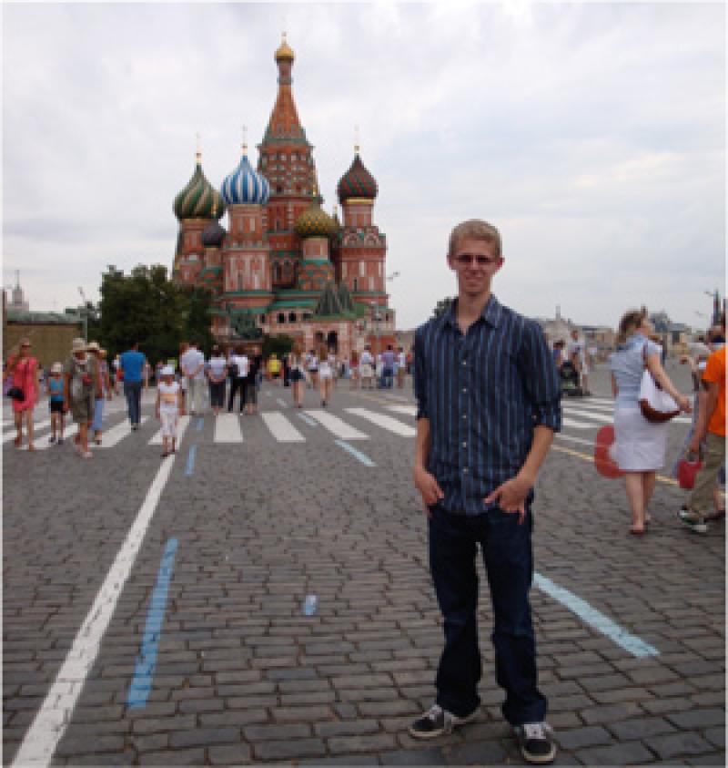 David in front of St. Basil’s Cathedral in front of the Kremlin while studying abroad in Russia.
