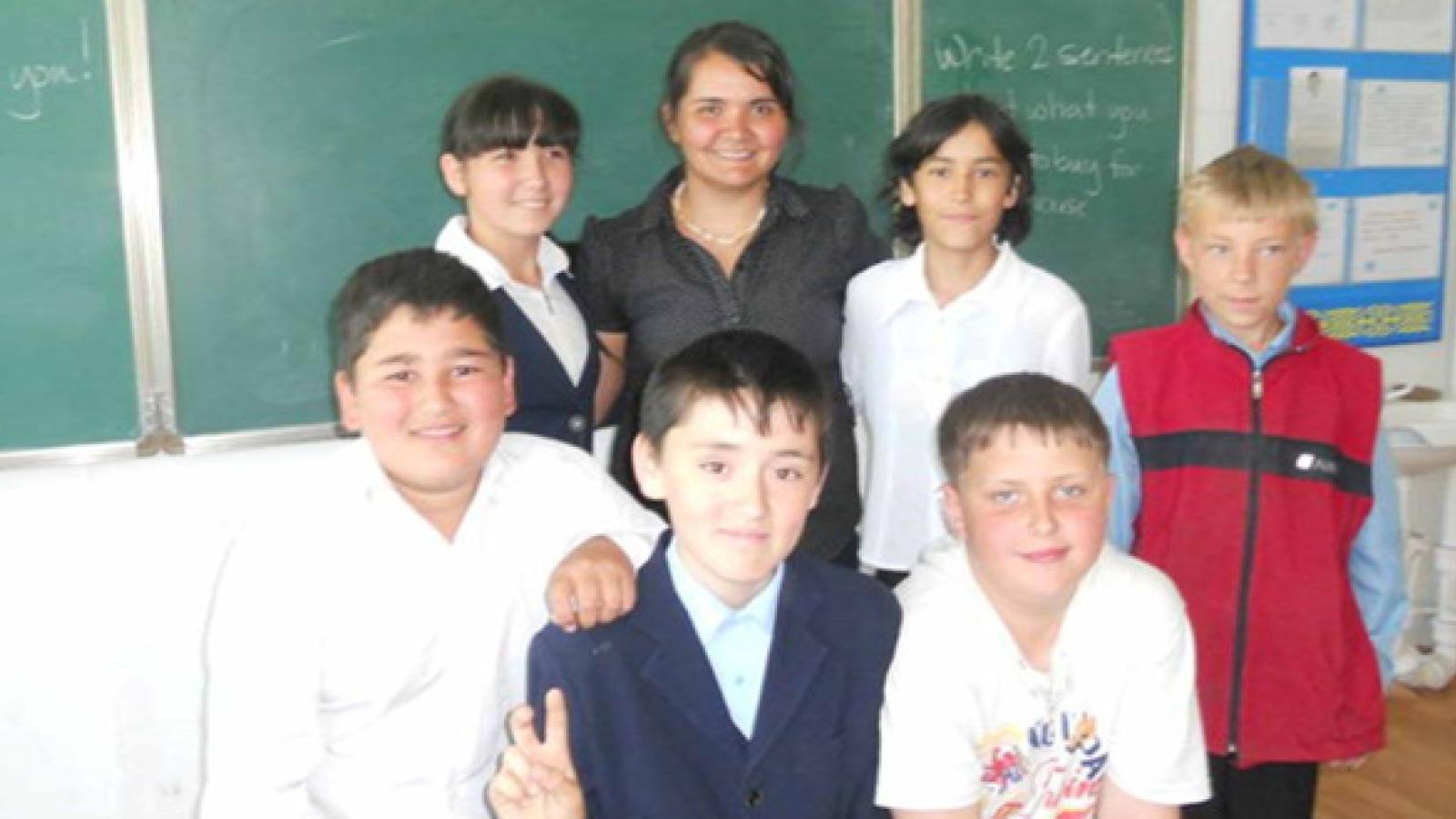 Catherine (back row second from left) with a few of her students at the elementary school in Zhitikara, Kazakhstan.