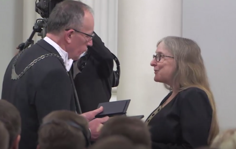 An image of Dorothy Noyes receiving an honorary doctorate from University of Tartu.