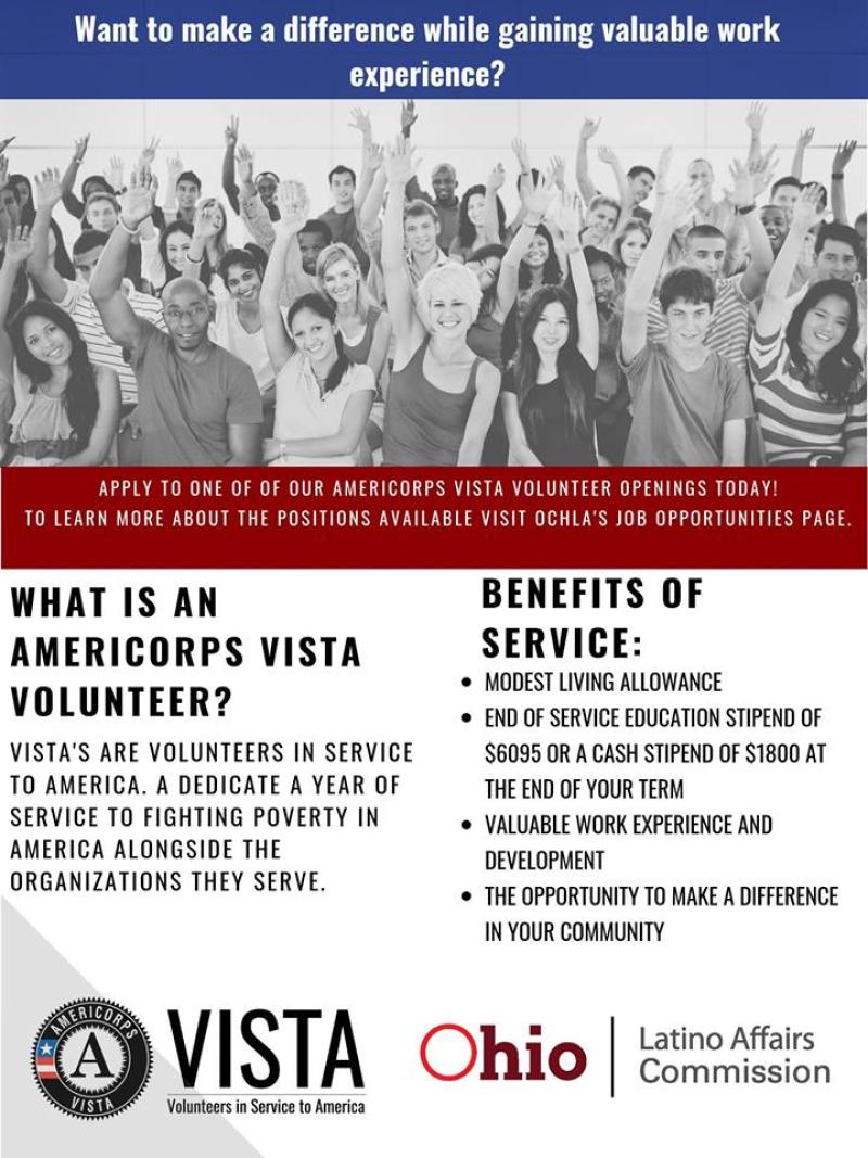 An image of the Ohio Commission on Hispanic and Latino Affairs VISTA  position announcement flier