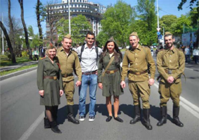 Gary (third from right) with Russian military personnel during the May 9th parade in Kaliningrad.