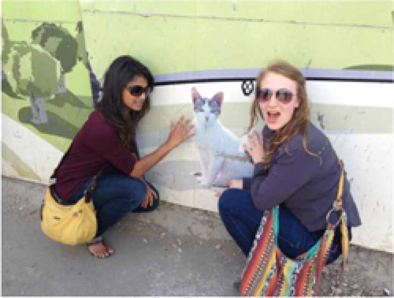 Brianna Baar with friend in front of a cat mural in the Middle East. Brianna Baar with friend in front of a cat mural in the Middle East.