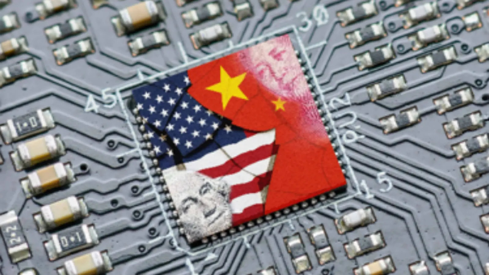A picture of a motherboard with a stylized microchip featuring US and Chinese flags