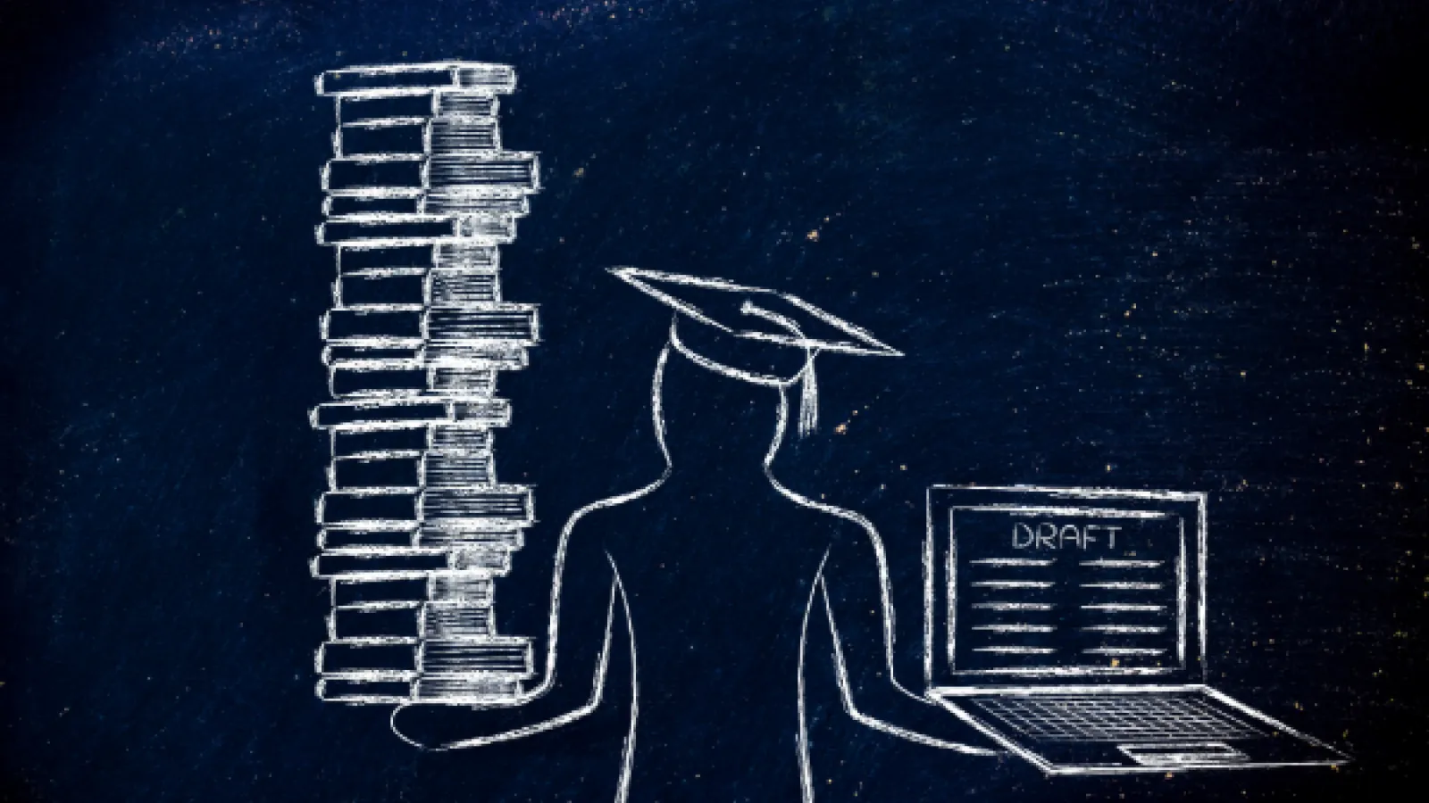 Graphic of a scholar holding books and a computer