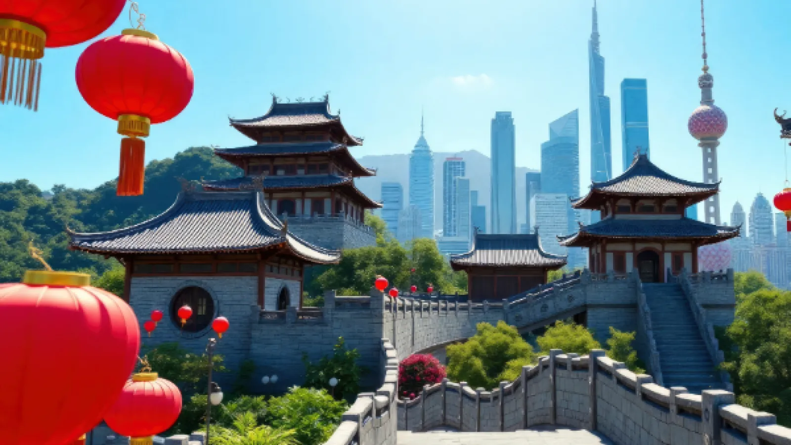 A photo of a skyline in China with red lanterns in the foreground