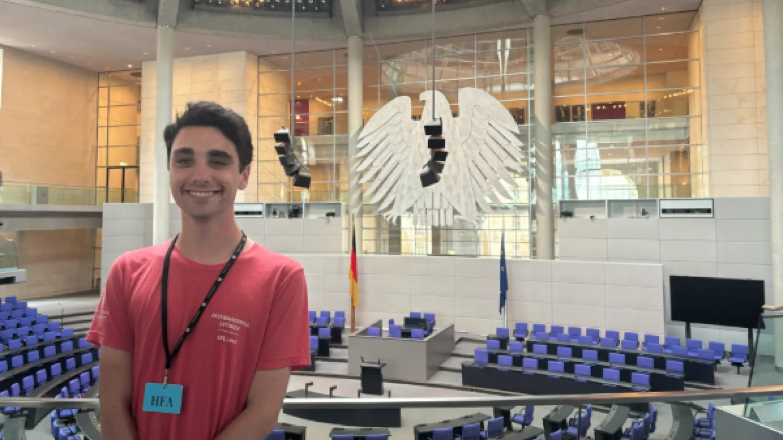 An international studies major poses for a photo in German parliament