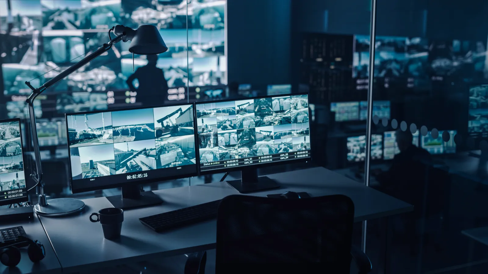 Screens showing closed-circuit tv feeds