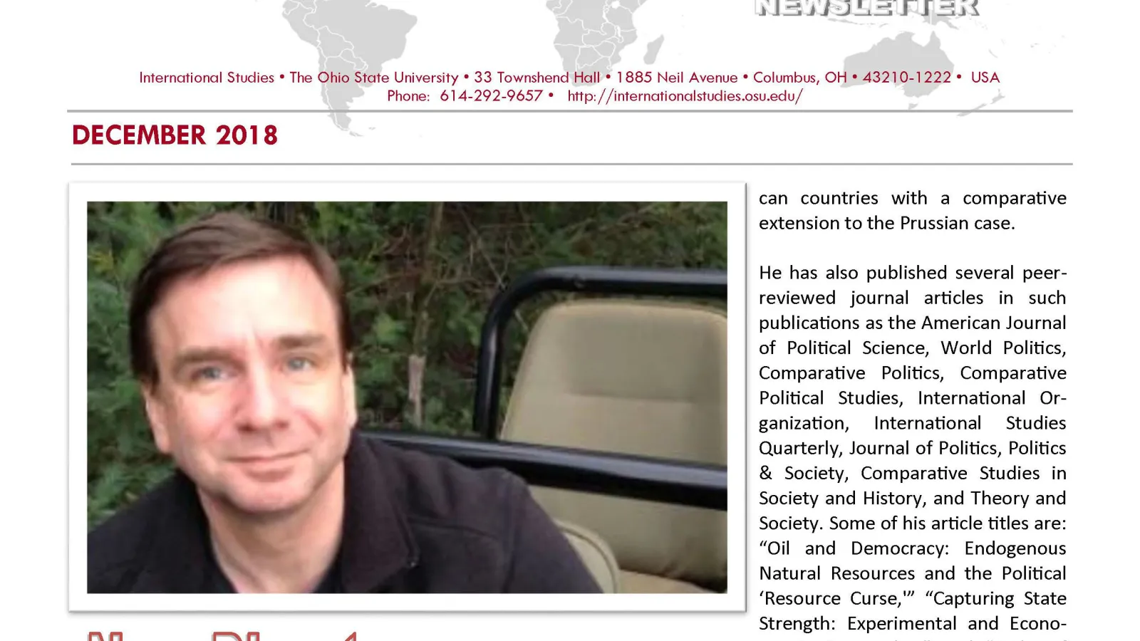 An image of the front page of the December 2018 Small World Newsletter.