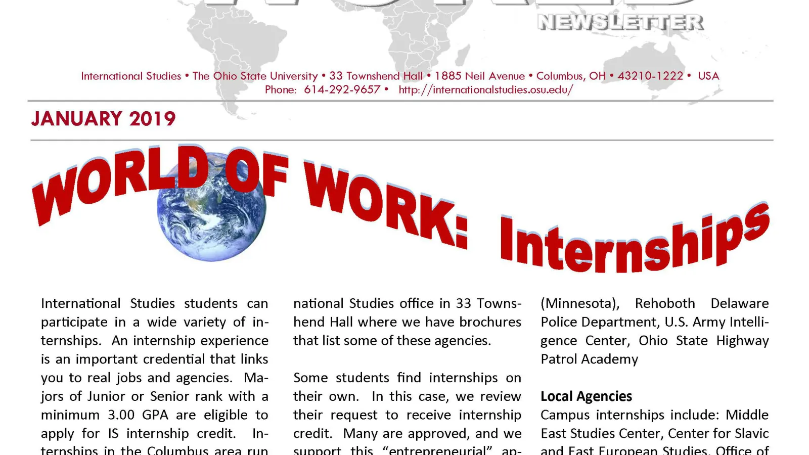 An image of the front page of the January 2019 Small World Newsletter.