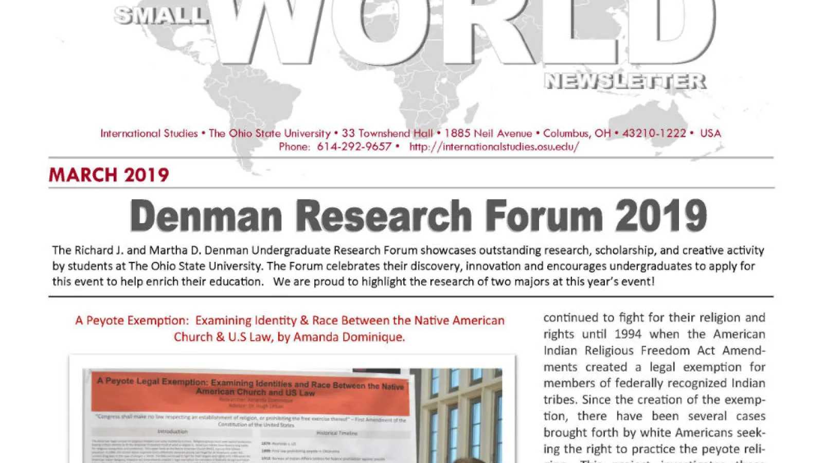 An image of the March 2019 Small World Newsletter cover page