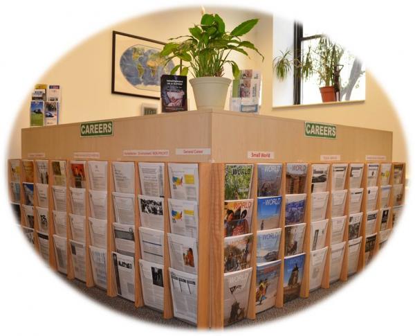 Shelves of pamphlets in the career library lobby.