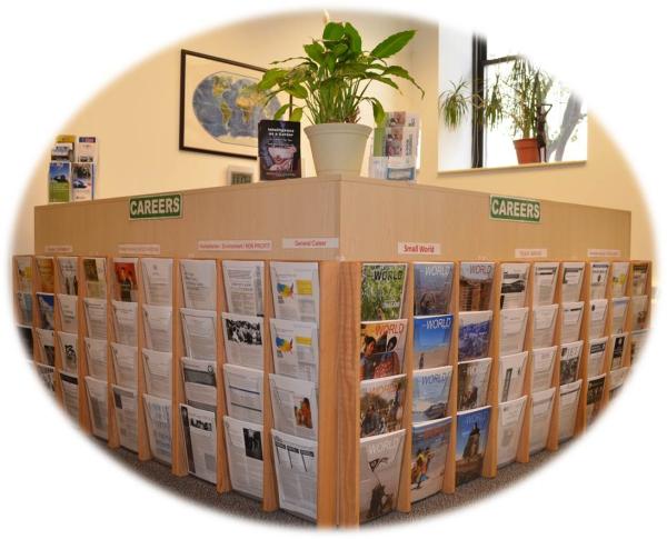 Shelves of pamphlets in the career library lobby. Shelves of pamphlets in the career library lobby.