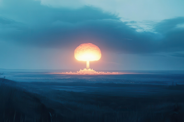 A yellow/orange mushroom cloud in a dark blue evening landscape