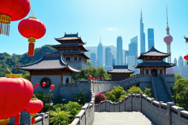 A photo of a skyline in China with red lanterns in the foreground