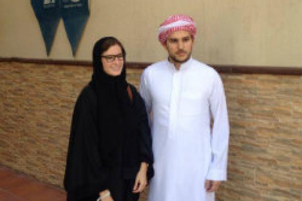 An image of International Studies program alumni, Mason Liles and Sophie Seidner, outside EF Education First's offices in Riyadh, Saudi Arabia.