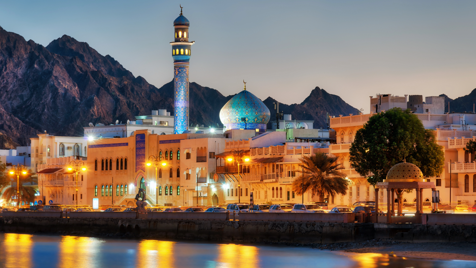 An evening view of the Muttrah Corniche in Muscat, Oman