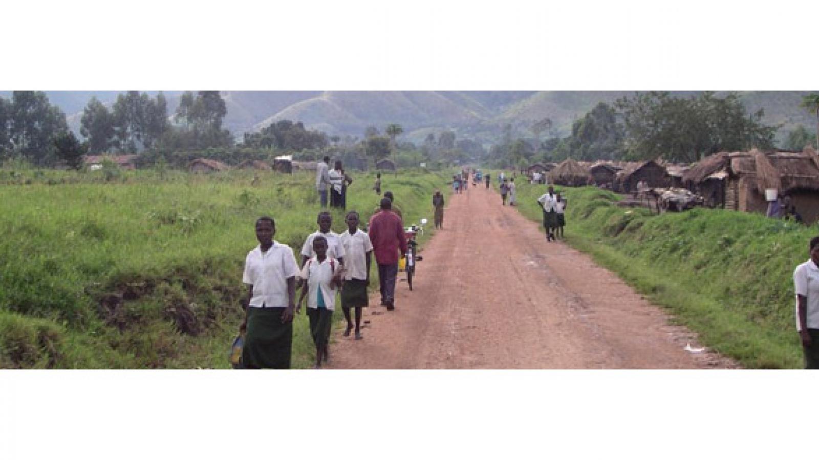 Villagers walk along an African road.