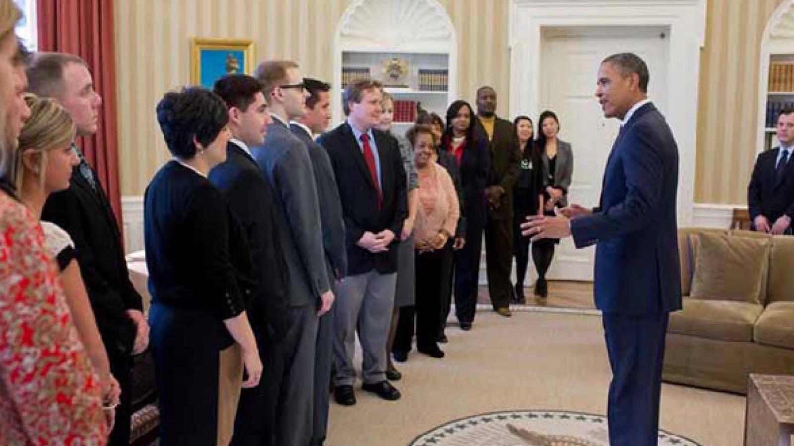 Erica Chain (second from right in line) meeting President Obama as citizen co‐chair of his inauguration.